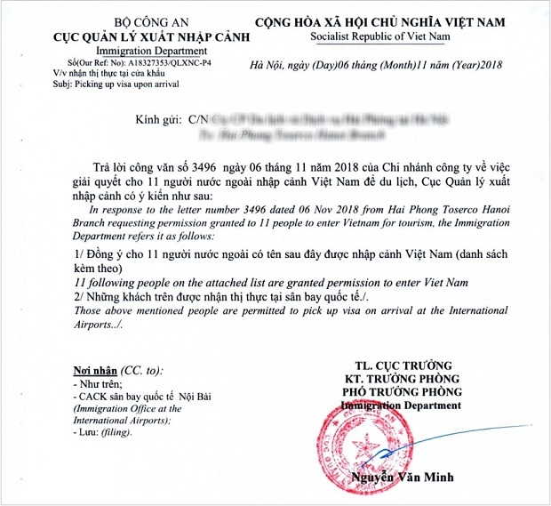 Công văn cho phép xuất nhập cảnh vào Việt Nam