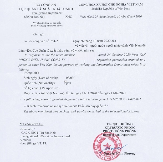 Công văn nhập cảnh cho người nước ngoài vào Việt Nam