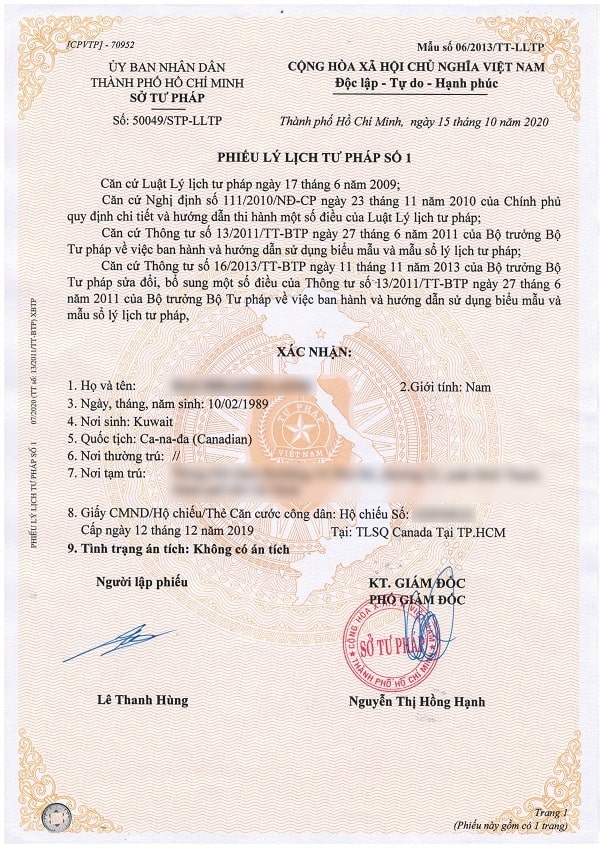 Lý lịch tư pháp số 1